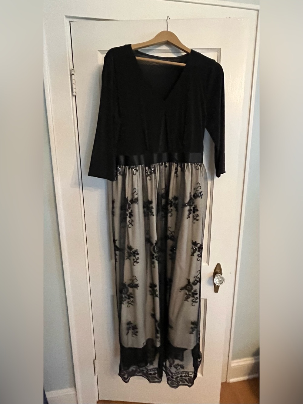 Black & Cream Floral-Embroidered V-Neck Maxi Dress